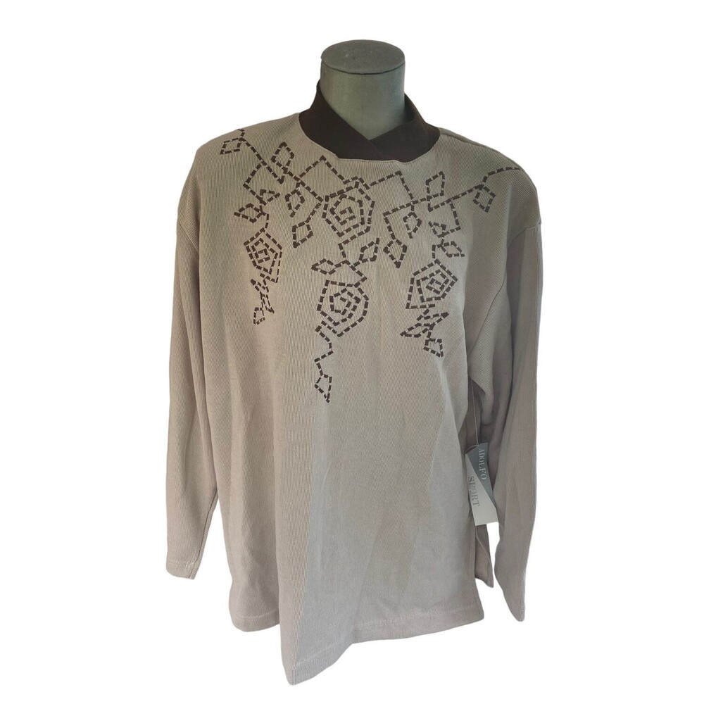 Adolfo Sport Sweater Women's XL Tan With Brown Collar And Design Vintage